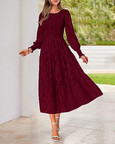 BTFBM Fall Wedding Guest Dress for Women Elegant Lace Long Sleeve Midi Dresses Long Sleeve Baby Shower Dress(Wine Red,Medium)