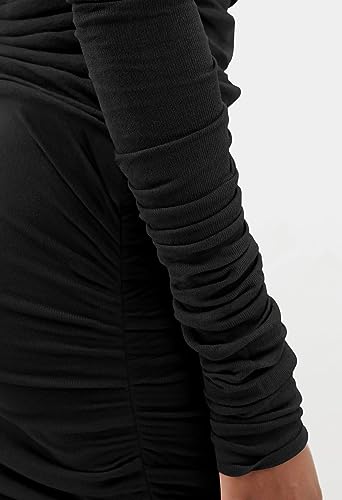 Pink Queen Women's Long Sleeve Bodycon Dress Square Neck Ruched Knit Tight Formal Cocktail Party Midi Dresses Black L