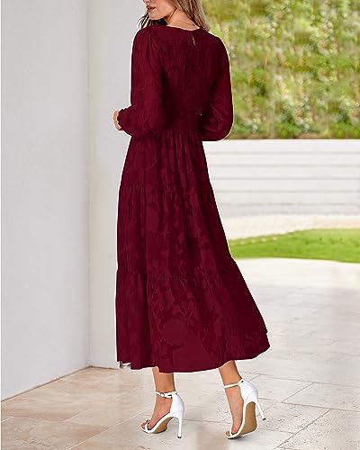 BTFBM Fall Wedding Guest Dress for Women Elegant Lace Long Sleeve Midi Dresses Long Sleeve Baby Shower Dress(Wine Red,Medium)