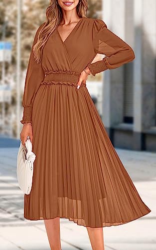 PRETTYGARDEN Wrap V Neck Spring Dresses for Women 2024 Long Sleeve Smocked Wedding Guest Dresses Flowy Pleated Midi Dress (Brown,X-Large)