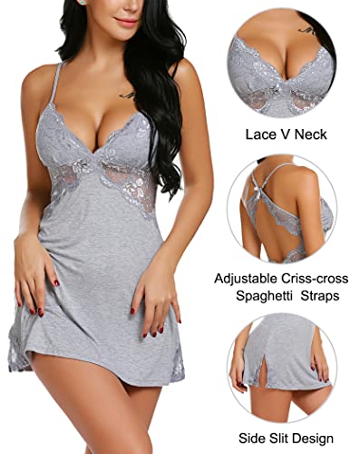 Avidlove Women Lingerie Lace Chemise Sleepwear Babydoll Teddy Lingerie Light Gray