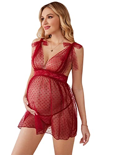 SOLY HUX Women's Maternity Polka Dots Deep V Neck Mesh Babydoll Nightgown with Thong 2 Piece Lingerie Set Pure Burgundy L