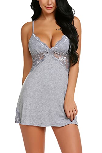 Avidlove Women Lingerie Lace Chemise Sleepwear Babydoll Teddy Lingerie Light Gray