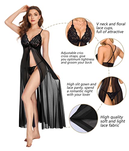 Avidlove Long Lingerie for Women High Split BabyDoll Maxi Long Gown Sheer Dress Maternity Photoshoot Dress Black