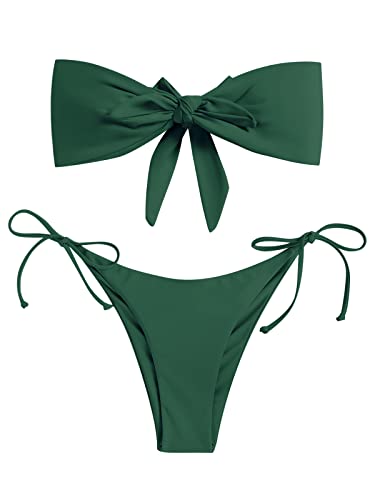 ZAFUL Knotted Bandeau Bikini for Women Strapless Swimsuits High Cut Bathing Suit Sexy Cheeky Tie Side Swimwear Deep Green M