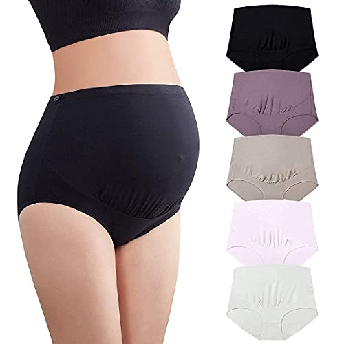 Mama Cotton Women's Over The Bump Maternity Panties High Waist Full Coverage Pregnancy Underwear (Multicolor B 5 Pack, Size-XXL)