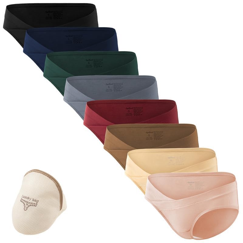 Angelhood Cotton Maternity Underwear Under Bump, Healthy Pregnancy Panties Postpartum Underwear 8 Pack with Laundry Bag