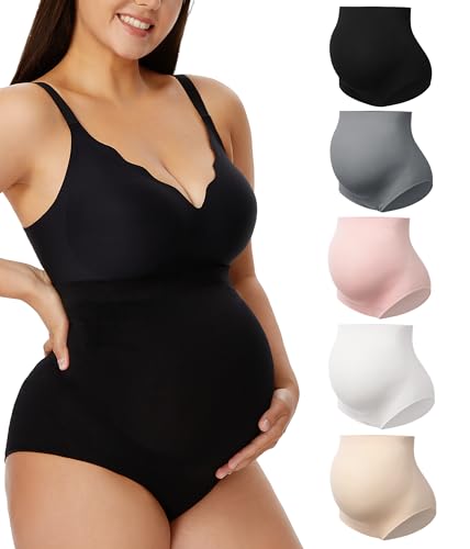 Angelhood Women's Maternity High Waist Underwear Pregnancy Seamless Soft Hipster Panties Over Bump, 5 Pack, Large