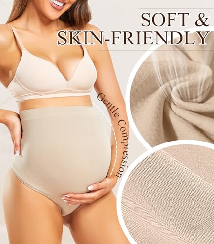Boguish Seamless Maternity Shapewear Over Belly Support Thong High Waist Underwear Panties for Pregnancy 3-Pack(Nude+Black+White) Size XL