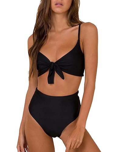 Blooming Jelly Womens High Waisted Bikini Set Tie Knot High Rise Two Piece Swimsuits Bathing Suits (Small, Black)