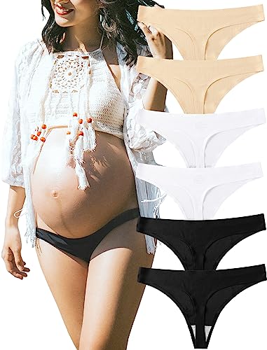 KUKU PANDA No Show Thongs for Women Ladies Comfortable Maternity Panties Seamless Underwear Set Athletic Workout Variety Pack (Black/White/Nude, Large)