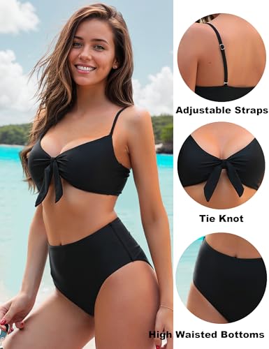 Blooming Jelly Womens High Waisted Bikini Set Tie Knot High Rise Two Piece Swimsuits Bathing Suits (Small, Black)