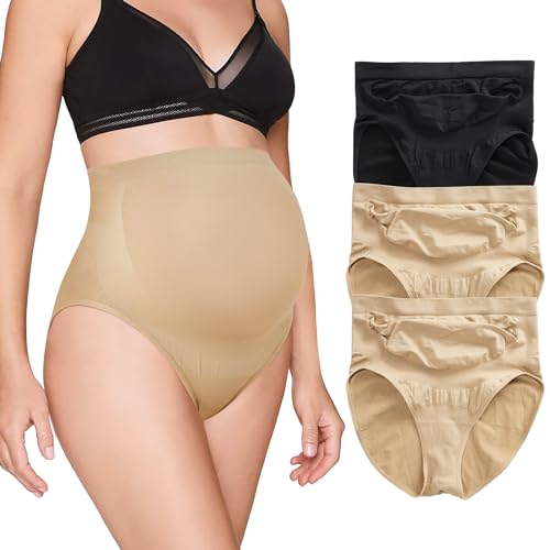 BRABIC Women’s Seamless Maternity Panties High Waisted Pregnancy Underwear Belly Support Briefs Over Bump 3 Pack (1Black+2Beige, X-Large)