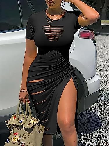FECAFO Cut Out Hollow Out Ruched Slit Bodycon Dress for Women Sexy Side Slit Drawstring Club Party Short Sleeve Midi Dresses (Black L)