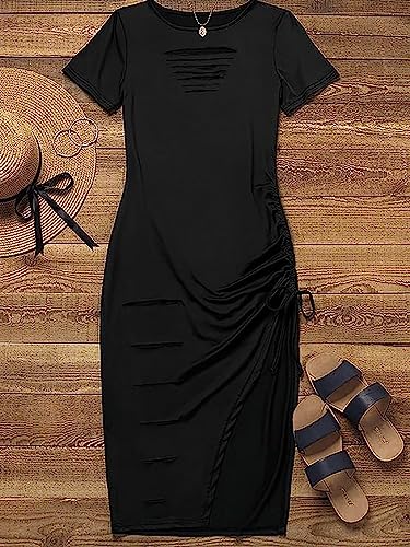 FECAFO Cut Out Hollow Out Ruched Slit Bodycon Dress for Women Sexy Side Slit Drawstring Club Party Short Sleeve Midi Dresses (Black L)