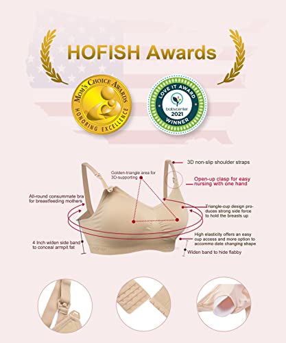 HOFISH Women's Full Cup Lightly Padded Wirefree Maternity Breastfeeding Nursing Bra, 3PCS/Pack(Pink-Black-Beige), L