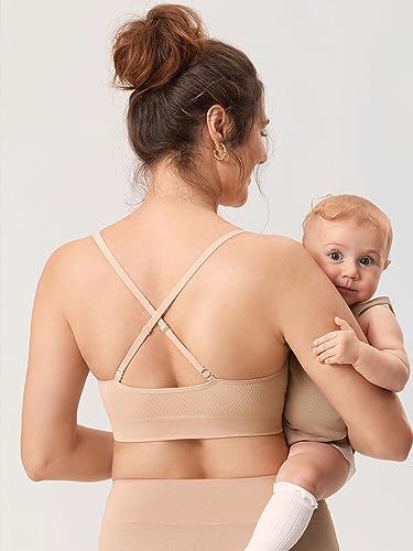MOMANDA Women's Nursing Bras Ribbed Seamless Bralettes Support Sports Bra Wireless Maternity Breastfeeding Bra Sleep Beige 2 Small