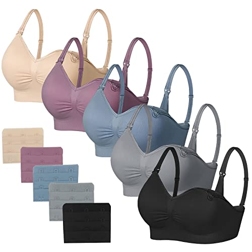 JAMRID 5 Pack Maternity Nursing Bras for Breastfeeding Seamless Sleep Puming Nursing Bra Maternity Bras for Pregnancy (Black+Grey+Beige+Dusty Blue+Purplebean, L)