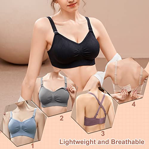 JAMRID 5 Pack Maternity Nursing Bras for Breastfeeding Seamless Sleep Puming Nursing Bra Maternity Bras for Pregnancy (Black+Grey+Beige+Dusty Blue+Purplebean, L)