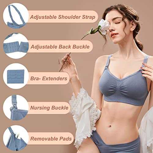 JAMRID 5 Pack Maternity Nursing Bras for Breastfeeding Seamless Sleep Puming Nursing Bra Maternity Bras for Pregnancy (Black+Grey+Beige+Dusty Blue+Purplebean, L)