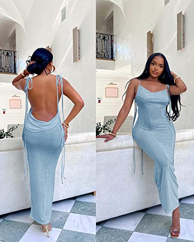 Women Summer 2024 Sexy Backless Bodycon Dress Halter Long Birthday Party Date Night Outfit Spring Maxi Cocktail Dress Blue
