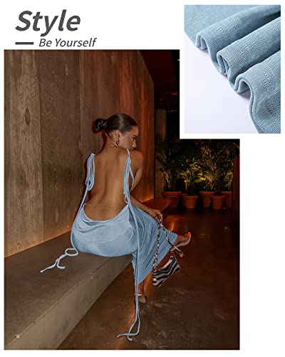 Women Summer 2024 Sexy Backless Bodycon Dress Halter Long Birthday Party Date Night Outfit Spring Maxi Cocktail Dress Blue