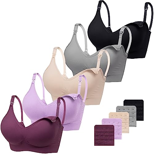 Vinfact 5Pack V Neck Nursing Bras for Breastfeeding Maternity Bra for Pregnancy Seamless Sleep Bralettes with Bra Extendes -M,BNGPR