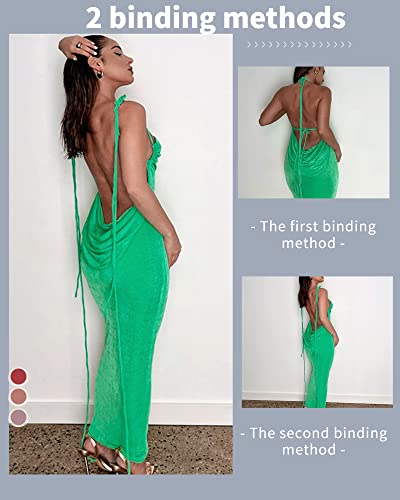 Women Summer 2024 Sexy Backless Bodycon Dress Halter Long Birthday Party Date Night Outfit Spring Maxi Cocktail Dress Blue