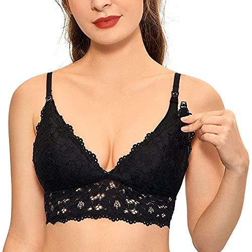 MOMANDA Women's Lace Nursing Bra Wirefree Padded Breastfeeding Maternity Bralette Cute Black 36D