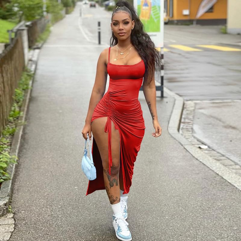 Red bodycon maxi dress with thigh-high slit