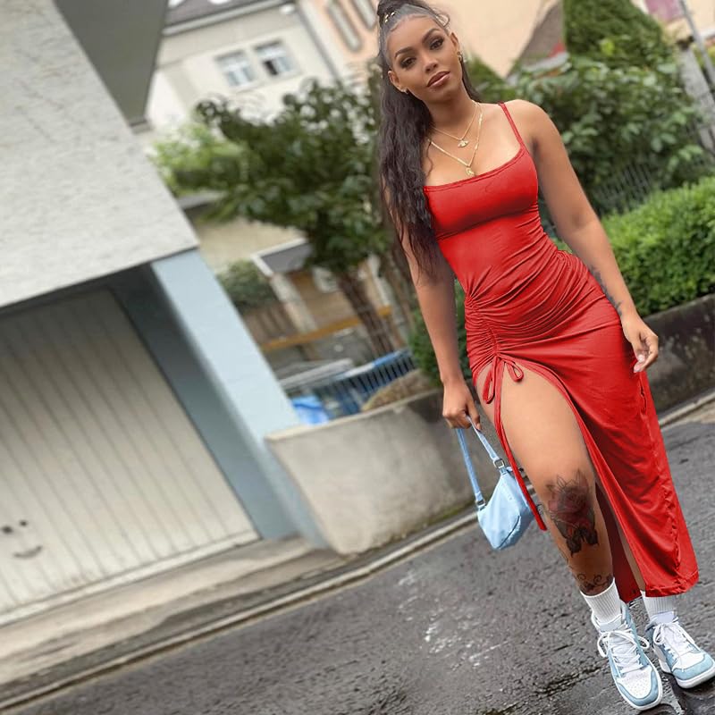 Red bodycon maxi dress with thigh-high slit