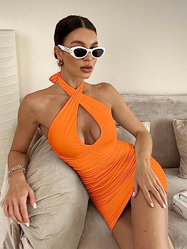 BEAGIMEG Sexy Criss Cross Ruched Halter Mini Dress