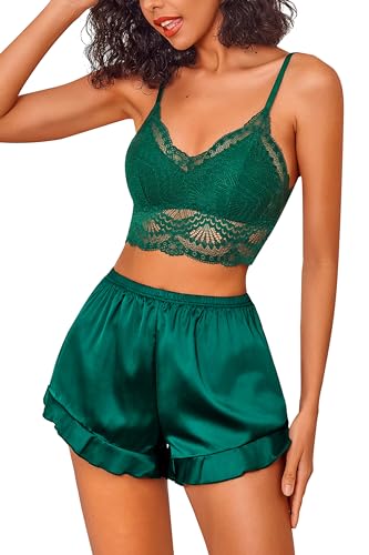Dark Green Satin Ruffled Pajamas Set with Lace