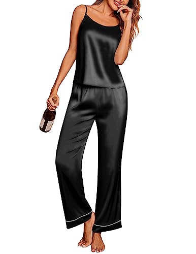 Ekouaer Silk Satin Pajama Set: Sleeveless Camisole, Black