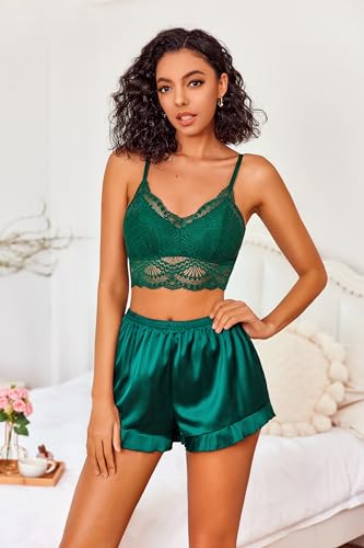 Dark Green Satin Ruffled Pajamas Set with Lace