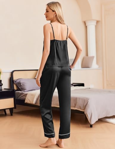 Ekouaer Silk Satin Pajama Set: Sleeveless Camisole, Black