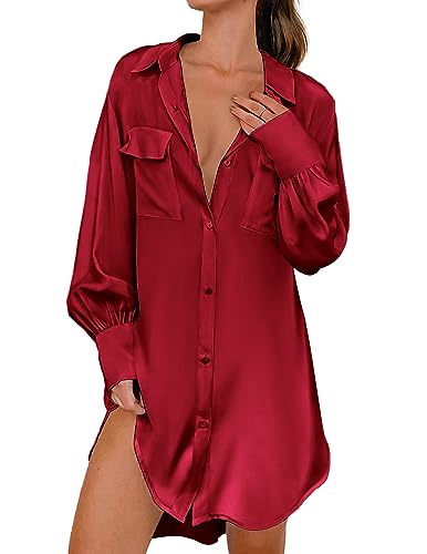 Ekouaer Satin Silk Nightshirt Dress Wine Red XXL