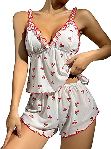 SOLY HUX Women's Cherry Print V-Neck Pajama Set