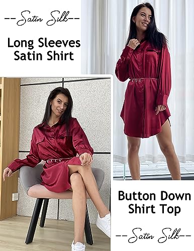Ekouaer Satin Silk Nightshirt Dress Wine Red XXL