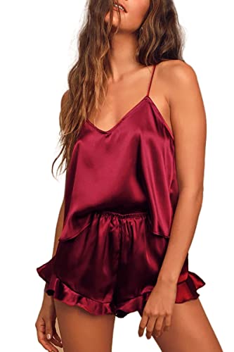 CHYRII Women's Sexy Ruffle Satin Silk Pajama Set