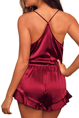 CHYRII Women's Sexy Ruffle Satin Silk Pajama Set