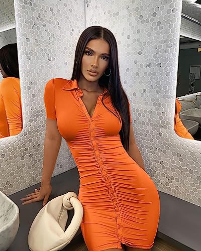 DAAWENXI Women's Sexy V Neck Ruched Button Down Clubwear Night Out Mini Club Dress Orange