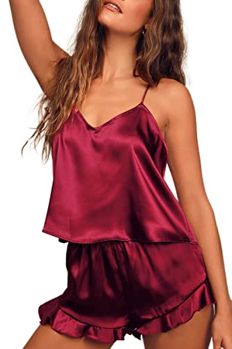 CHYRII Women's Sexy Ruffle Satin Silk Pajama Set