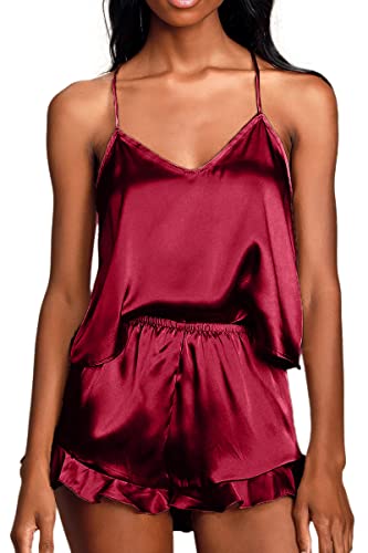 CHYRII Women's Sexy Ruffle Satin Silk Pajama Set
