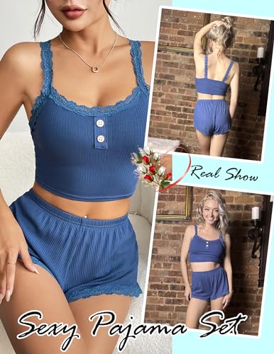 Blue Lace Trim Cami Shorts Pajama Set Women's