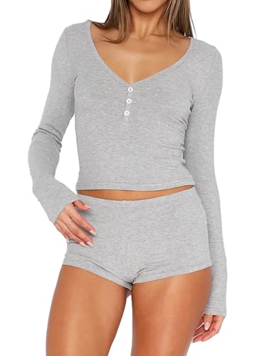 Soamat Womens Ribbed Knit Pajama Set - Light Grey