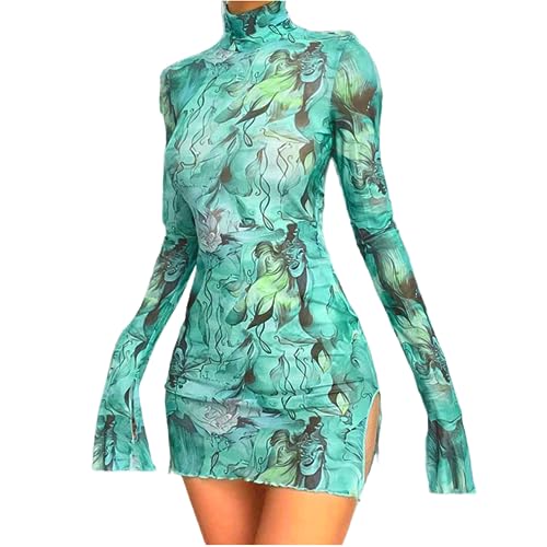 Women’s Floral Tie Dye Sheer Mesh Mini Dress Sexy Mock Neck Split Bodycon Flared Long Sleeve Beach Party Dress Green