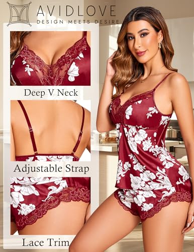Avidlove Wine Red Floral Satin Pajama Cami Set