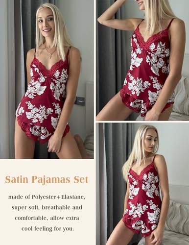 Avidlove Wine Red Floral Satin Pajama Cami Set