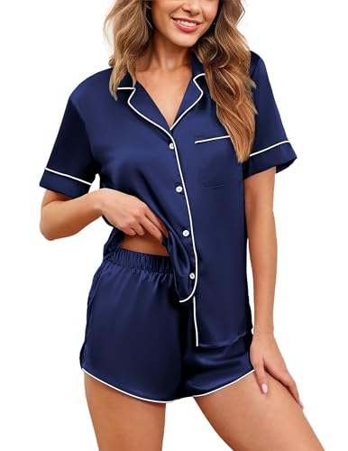 Ekouaer Silk Satin Pajama Set - Navy Blue